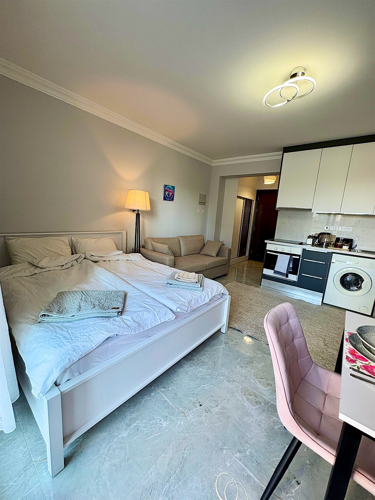 Royal studio: bed, sofa and kitchenette in one open space